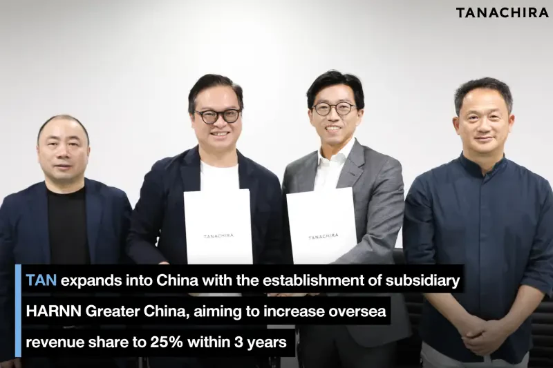 TAN expands into China with the establishment of subsidiary HARNN Greater China, aiming to increase foreign revenue share to 25% within 3 years